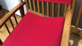 古くなったデッキチェアの背もたれと座面を9号パラフィン帆布で新しく張替え