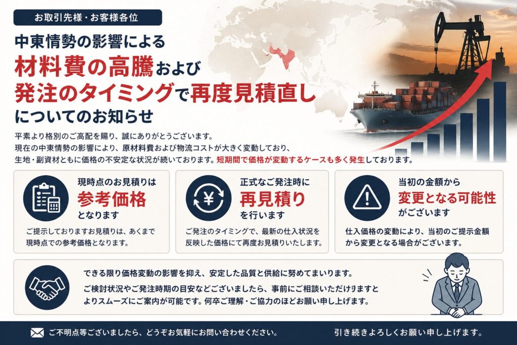 東情勢の影響で材料費が高騰し、見積が変動する可能性について案内する画像