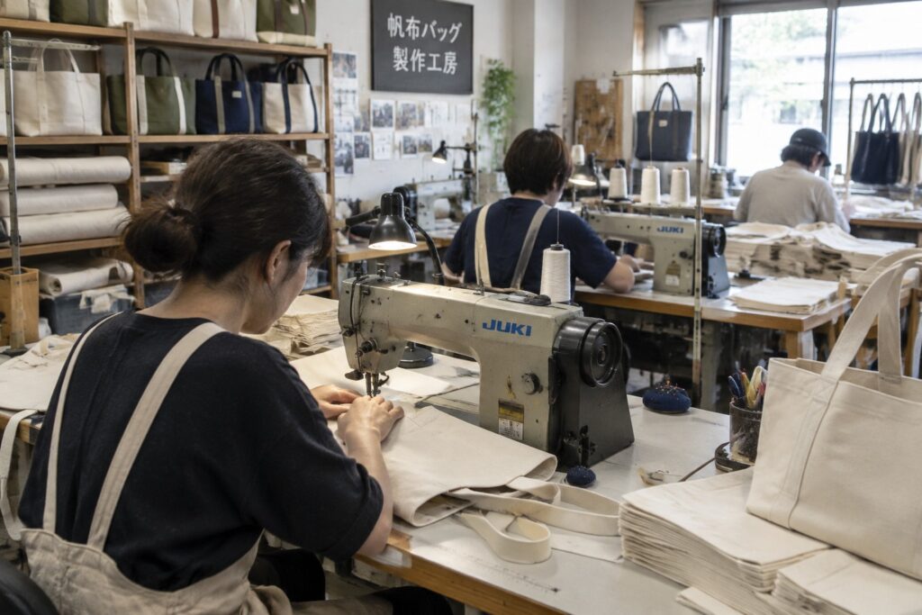 国内の縫製工房で帆布バッグを製作する職人